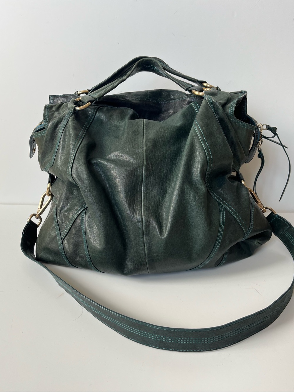 Andrew Marc Distressed Leather Slouch Tote | Oversized Hobo Bag | Teal Color